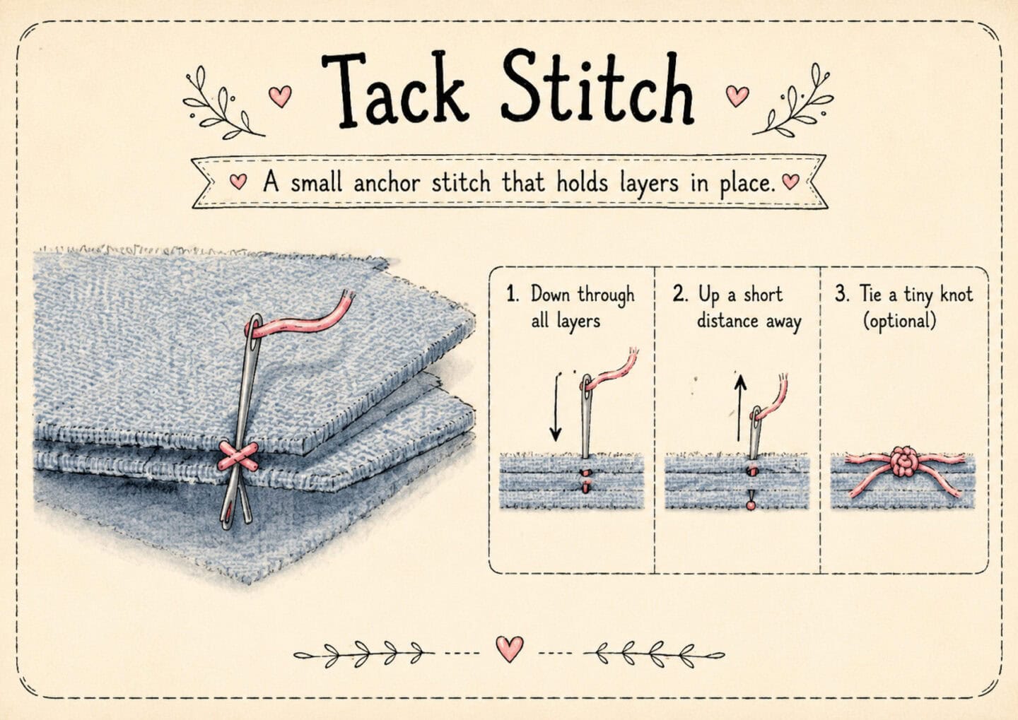 An instructional diagram showing how to make a tack stitch: steps include threading a needle down through fabric, up nearby, then tying an optional tiny knot to secure multiple layers together.