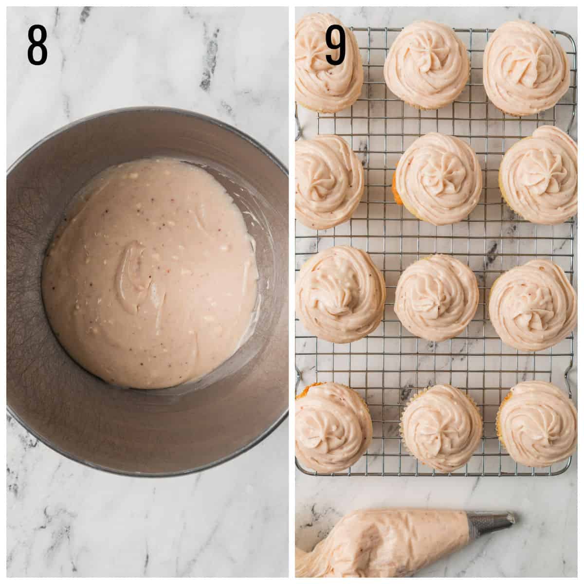 A split image: on the left, a metal bowl with cupcake batter labeled “8”; on the right, twelve frosted cupcakes on a wire rack with a piping bag, labeled “9.” Both images are on a marble surface.