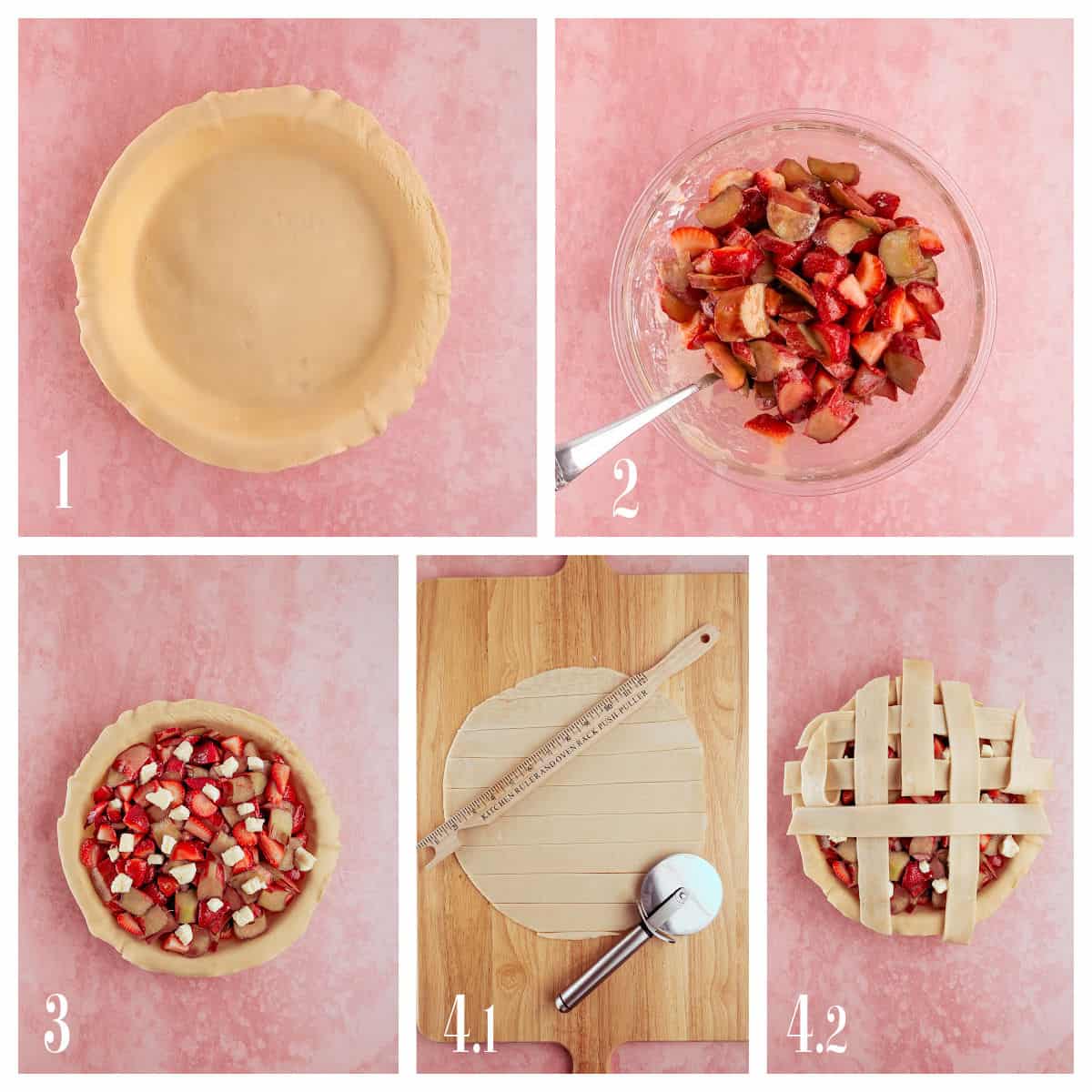 Step-by-step collage showing: 1) Pie crust in a pan, 2) bowl of sliced strawberries and rhubarb, 3) fruit filling in crust, 4.1) rolled dough cut into strips, 4.2) lattice crust partly assembled over the filled pie.