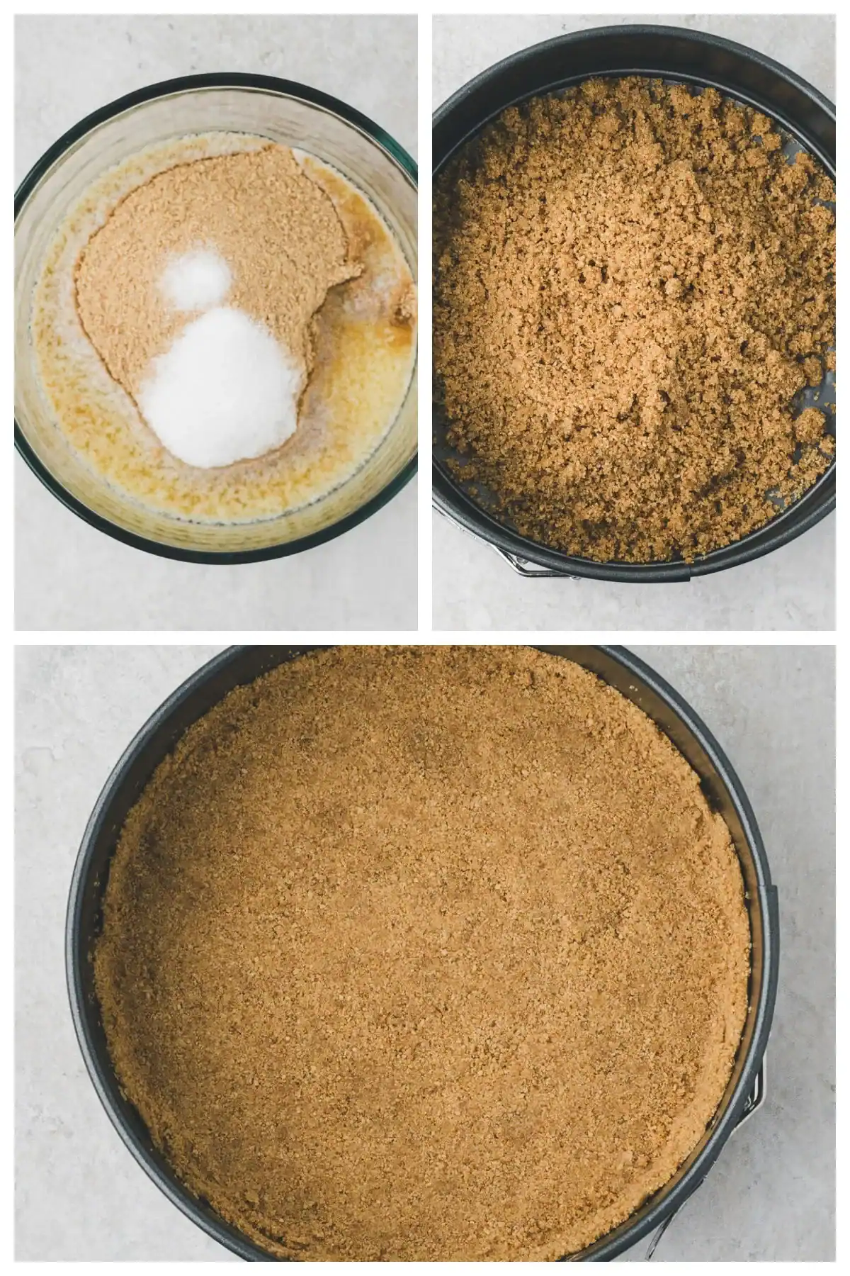 Three images show steps to make a graham cracker crust: mixing crumbs, sugar, and butter; blended mixture in a pan; and the crust pressed evenly into a round springform pan.