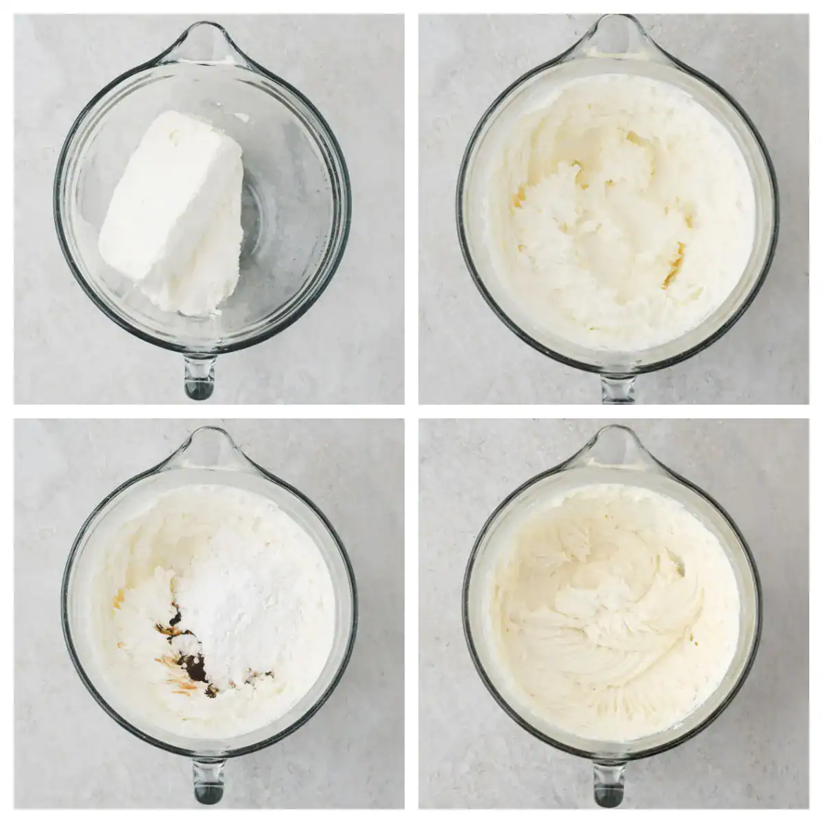 Four-panel image showing step-by-step mixing of cream cheese frosting: cream cheese in a bowl, whipped cheese, powdered sugar and vanilla added, and final smooth, creamy frosting.