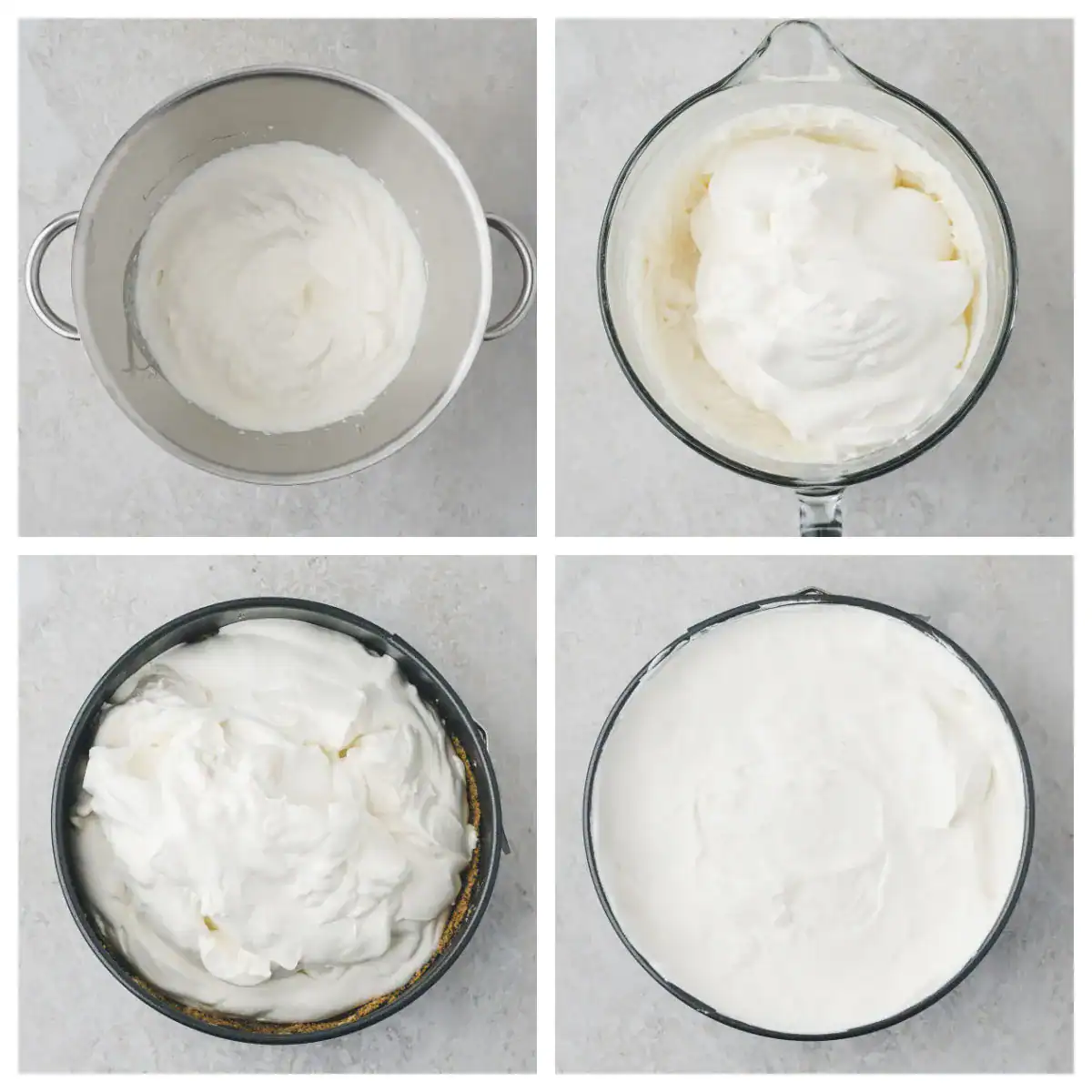 Four steps of making a whipped topping dessert: whipped cream in a mixing bowl, blended in a large glass bowl, spread onto a crust in a round pan, then smoothed evenly on top.