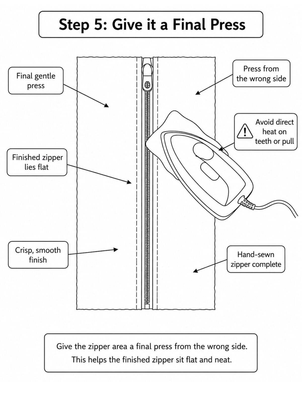 Diagram showing the final step of pressing a zipper seam with an iron. Labels highlight giving a gentle press from the wrong side, avoiding pressing on zipper teeth or pull, and achieving a smooth, finished look.